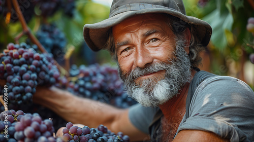 Portrait of an old winegrower holding a ripe bunch of grapes.