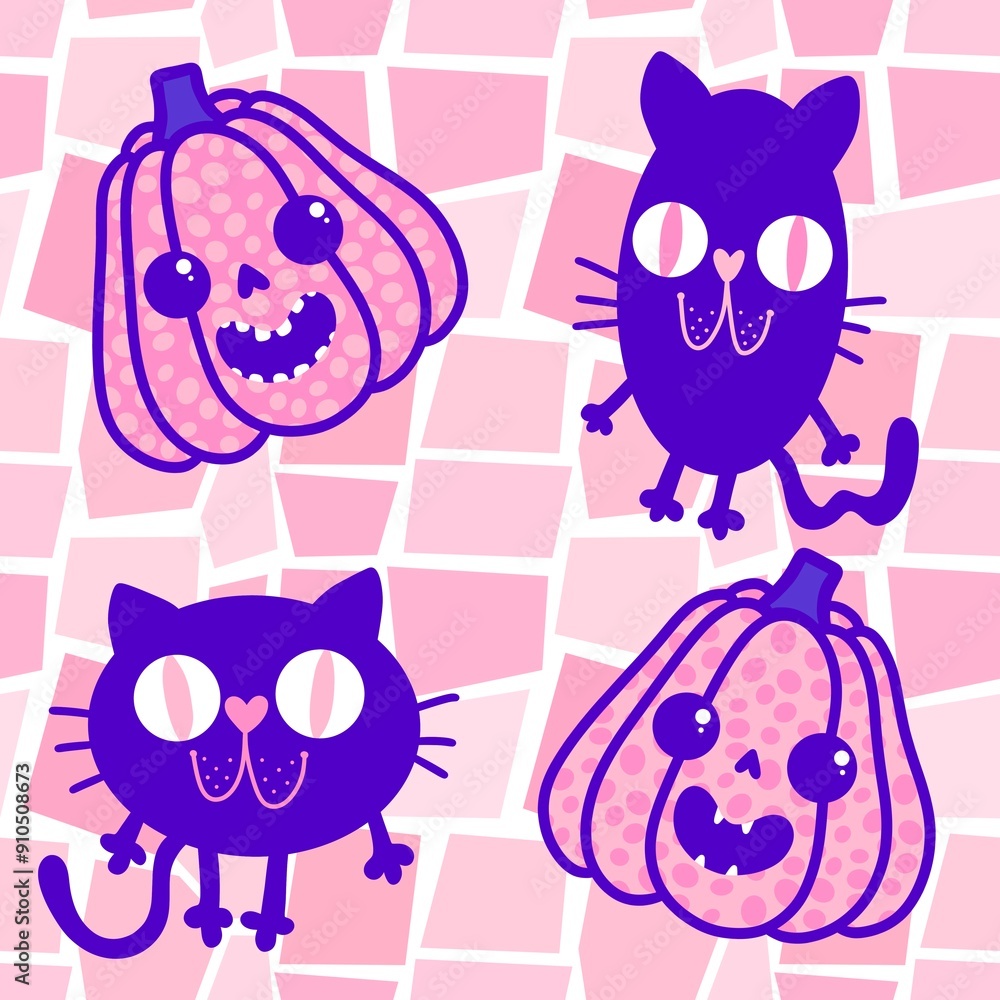 Fototapeta premium Halloween cute pumpkins seamless monsters pattern for wrapping paper and fabric