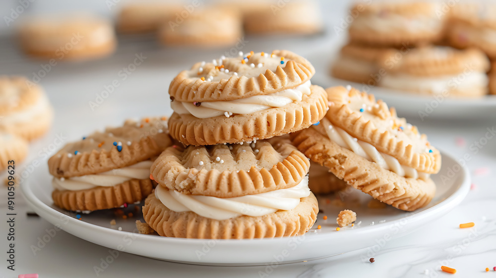a close-up of three cookies with a creamy filling on a white plate, likely placed on a kitchen counter. The cookies are topped with crumbs or sprinkles a close-up of three cookies with a creamy filling on a white plate, likely placed on a kitchen counter. The cookies are topped with crumbs or sprinkles