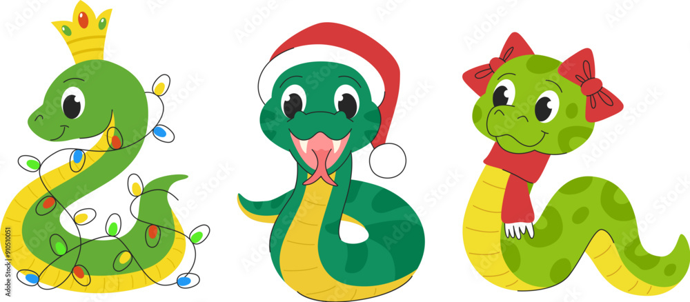 Obraz premium New year snake illustration. Year of the Snake 2025. Set of New Year snakes. Cute snakes in New Year clothes and decorations. White background.