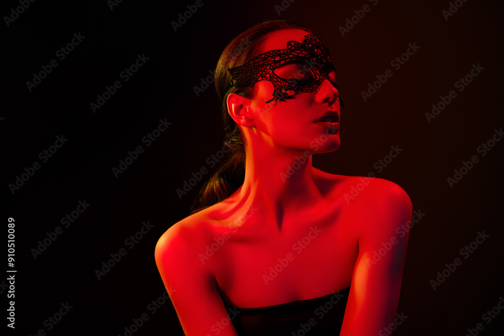 Photo of adorable stunning lady nude shoulders enjoy bdsm game isolated black orange neon light color background Photo of adorable stunning lady nude shoulders enjoy bdsm game isolated black orange neon light color background
