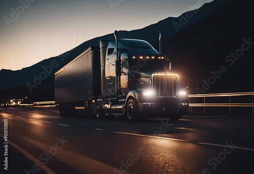 truck night glowing travels bright highway parking headlights lights big black blue cargo chrome commerce commercial dark delivery esel rect drive fast forward freedom front headlamp heavy photo