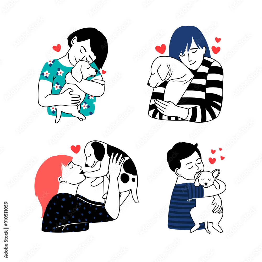 Φωτογραφία Owners hug pets. A woman loves a dog, children love a puppy