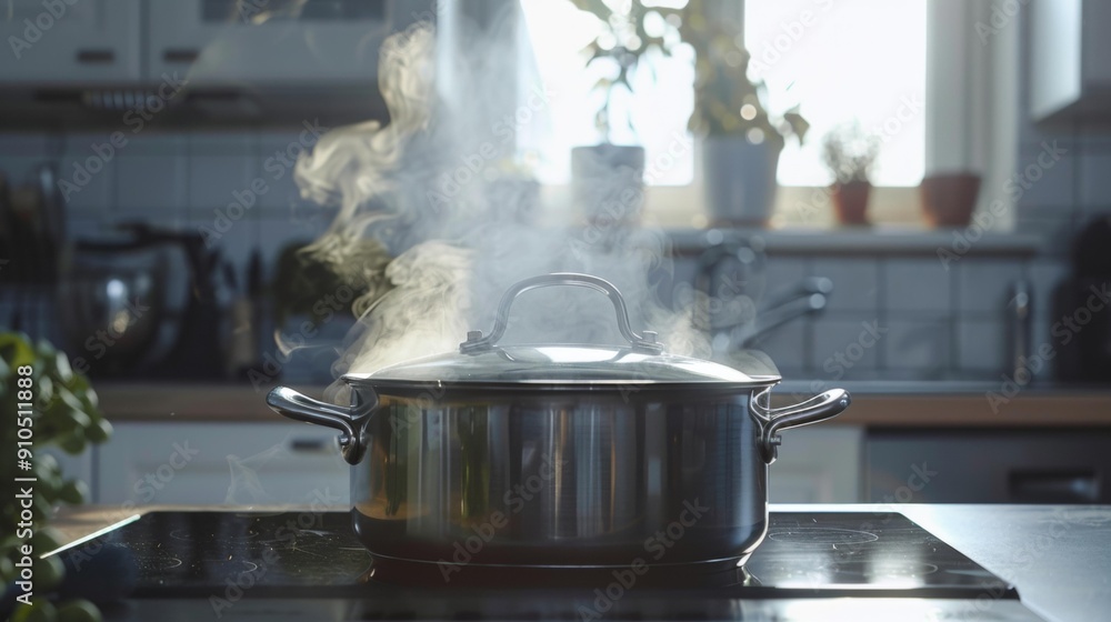 Steam-filled pot simmers on modern stove, warm kitchen atmosphere, hints of culinary creativity, vibrant cooking activity, inviting scents, perfect for family dinners or holiday gatherings Steam-filled pot simmers on modern stove, warm kitchen atmosphere, hints of culinary creativity, vibrant cooking activity, inviting scents, perfect for family dinners or holiday gatherings