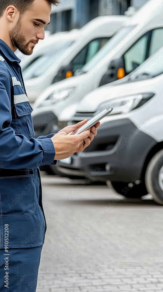 A manager examines a tablet, checking fleet details of white delivery vans parked neatly in a commercial lot under clear blue skies A manager examines a tablet, checking fleet details of white delivery vans parked neatly in a commercial lot under clear blue skies