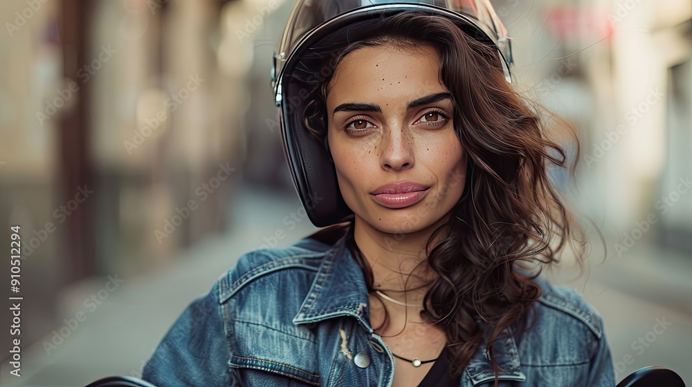 A woman wearing a blue jacket and a helmet. She has a serious expression on her face. The photo is taken on a street A woman wearing a blue jacket and a helmet. She has a serious expression on her face. The photo is taken on a street