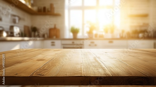 A plain, bare wooden table sits in a well-lit kitchen. The background is a blur of bright white and warm golden sunlight.