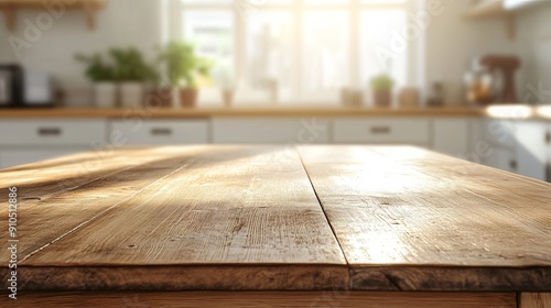 A plain, bare wooden table sits in a well-lit kitchen. The background is a blur of bright white and warm golden sunlight.