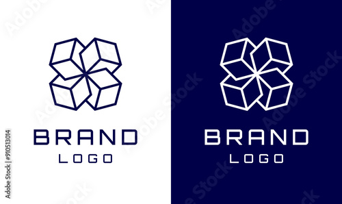 Abstract Cube Vector Logo. Letter X Logotype. Quad Boxes Sign for Dynamic Modern Company. Four Hexagonal Shape on Double Background. Blue and White Lined Simple Brand Icon in Different Directions.
