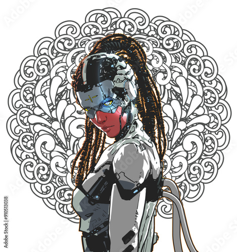Female Cyborg Portrait on Graphic Pattern
