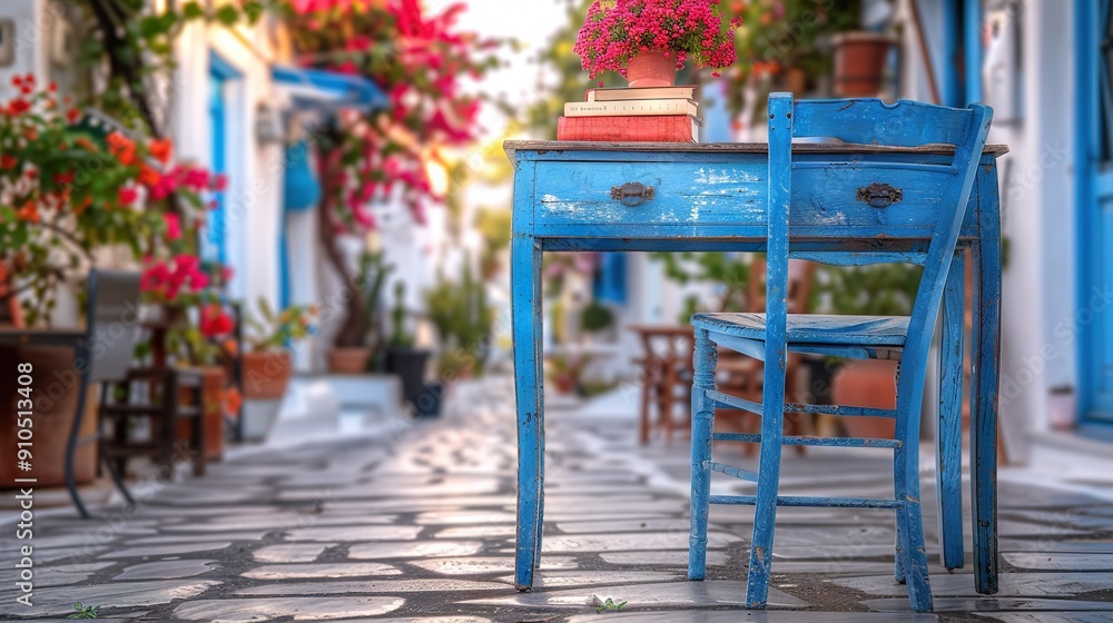 Blue desk & chair on cobblestone w/ potted plant in front of building Blue desk & chair on cobblestone w/ potted plant in front of building