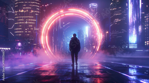 A silhouette of a man in front of a glowing neon ring against a futuristic city backdrop at night, surrounded by haze and light reflections on wet pavement.