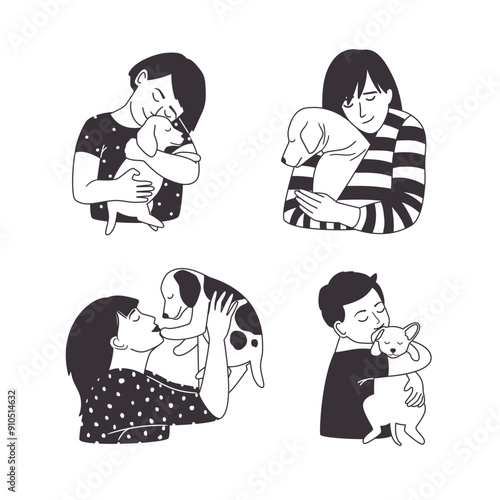 The owners hug their pets. Woman loves a dog, children love a puppy. Black and white vector illustration