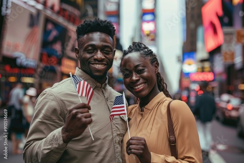 Wallpaper Mural USA presidential election 2024. Young African American couple, happily holding American flag at street.This cheerful portrait captures importance of election day in America. Torontodigital.ca