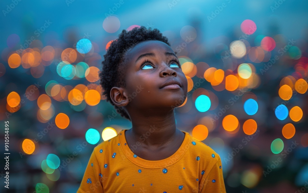 A young child gazes upward, capturing a summer vlog amidst a colorful bokeh backdrop of a lively city in the evening A young child gazes upward, capturing a summer vlog amidst a colorful bokeh backdrop of a lively city in the evening