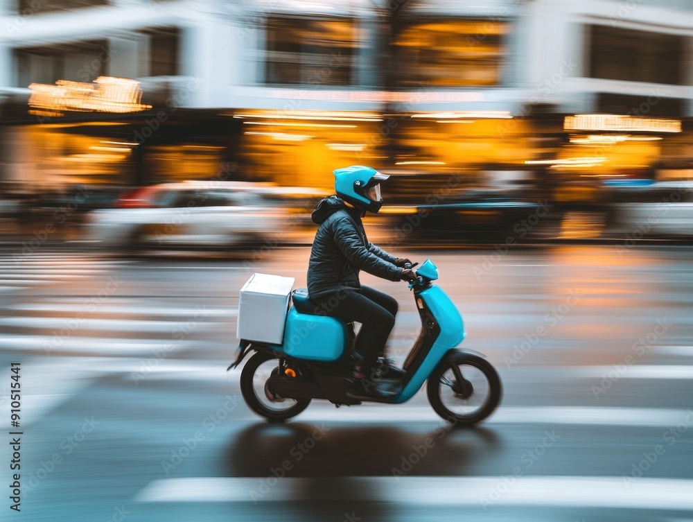 Delivery person on scooter speeding through busy city street with blurred background during evening hours Delivery person on scooter speeding through busy city street with blurred background during evening hours