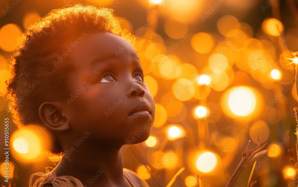A young African child explores nature while looking up at the warm sunset, surrounded by glowing wildflowers in a serene environment A young African child explores nature while looking up at the warm sunset, surrounded by glowing wildflowers in a serene environment