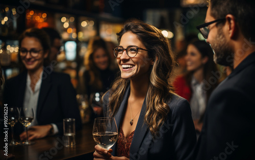 Professionals gather in an office setting, chatting and enjoying drinks, fostering connections and a relaxed atmosphere after hours