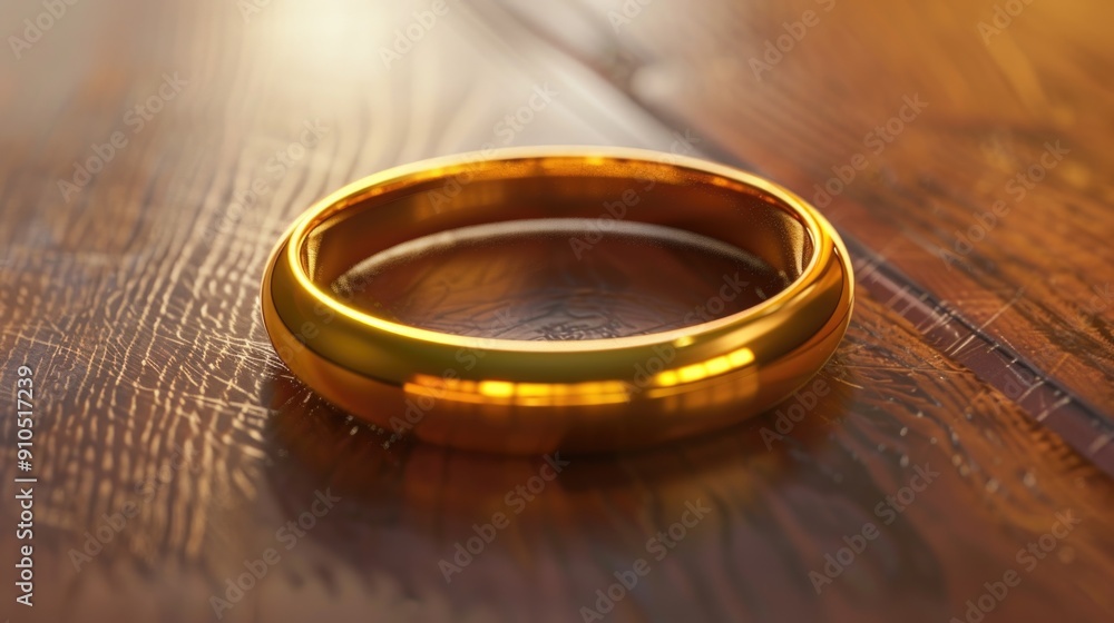 A close-up shot of a golden ring sitting on a wooden table A close-up shot of a golden ring sitting on a wooden table