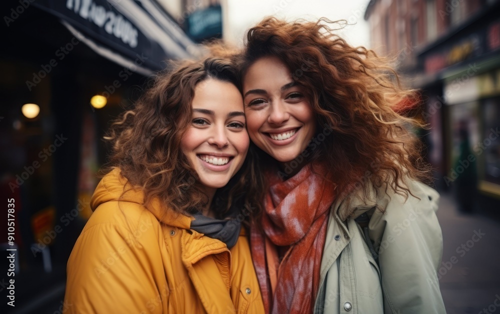 Two happy plus size women are hugging each other warmly in a lively urban area, sharing a moment of joy and connection Two happy plus size women are hugging each other warmly in a lively urban area, sharing a moment of joy and connection