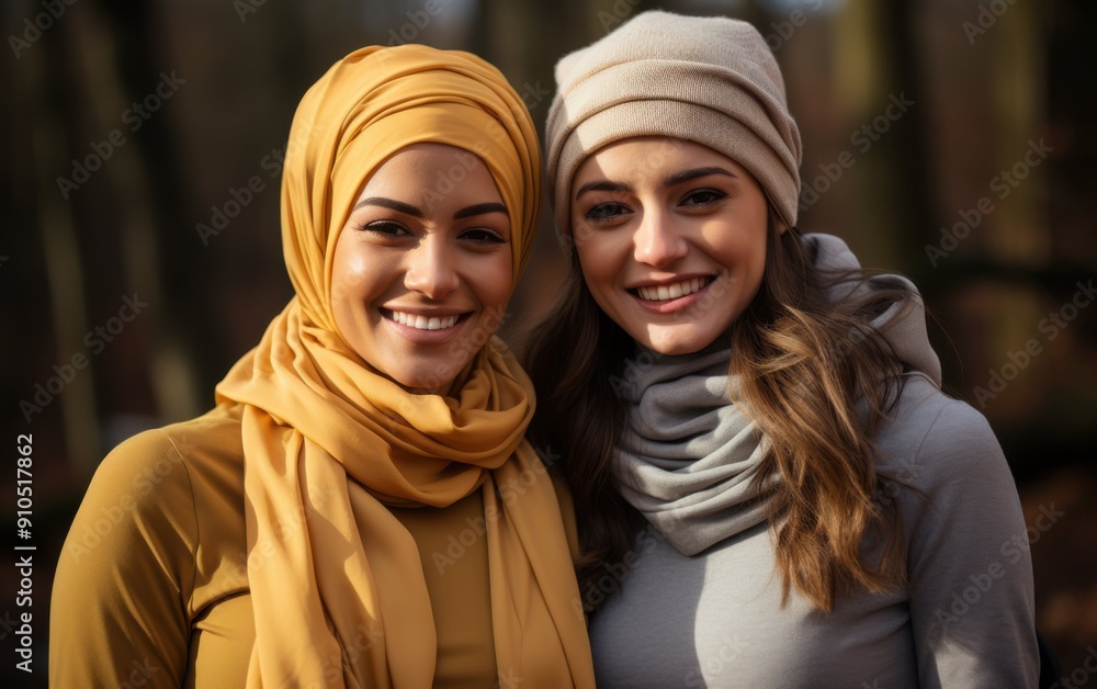 Two joyful female friends share a laugh while enjoying each other’s company in a park, wearing beautiful headscarves in a warm, cheerful atmosphere Two joyful female friends share a laugh while enjoying each other’s company in a park, wearing beautiful headscarves in a warm, cheerful atmosphere