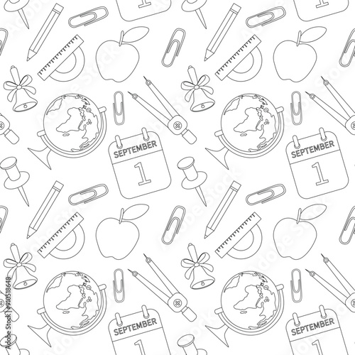 Seamless back to school pattern, school supplies, office items. The background is suitable for printing on fabric and paper for the first of September.