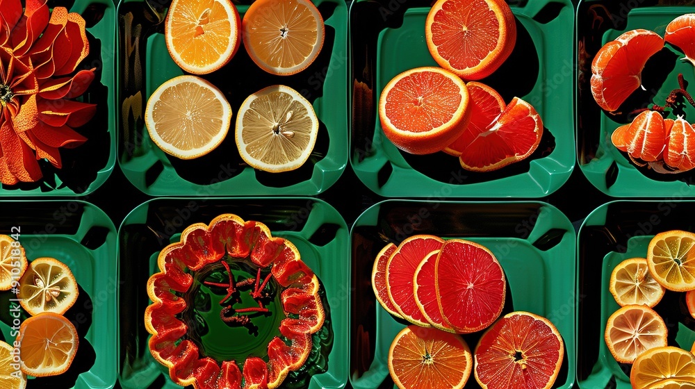Stacked trays overflowing with oranges and grapefruits Stacked trays overflowing with oranges and grapefruits