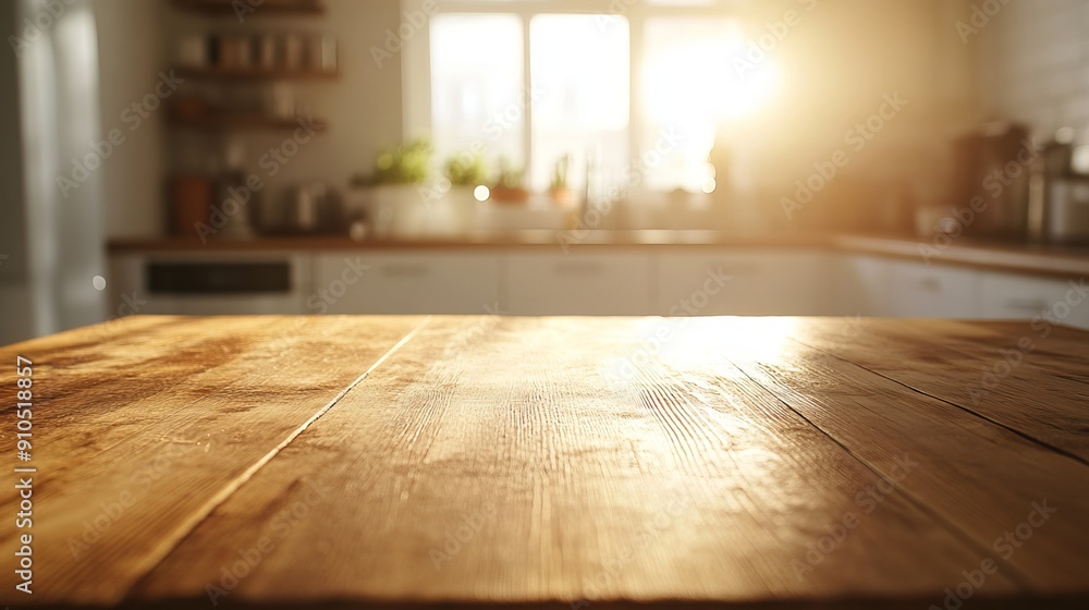 A plain, bare wooden table sits in a well-lit kitchen. The background is a blur of bright white and warm golden sunlight. A plain, bare wooden table sits in a well-lit kitchen. The background is a blur of bright white and warm golden sunlight.