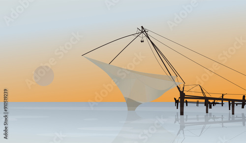 Chinese fishing nets - Cheenavala - Kochi - Stock Illustration