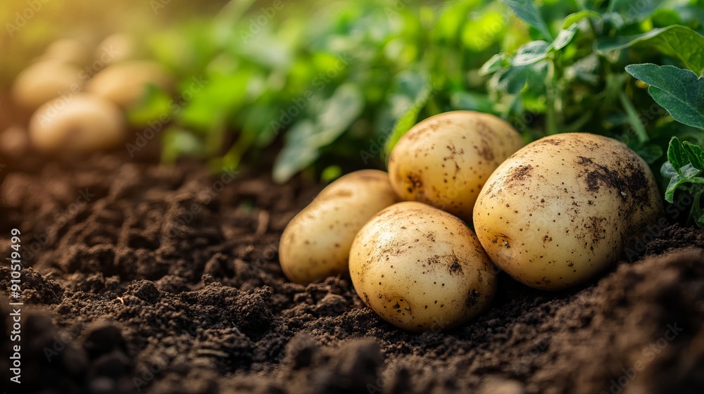 Potatoes freshly dug from the ground, ready for harvest. Potatoes freshly dug from the ground, ready for harvest.