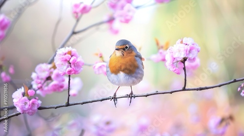  A bird perched on a tree branch with pink flowers, set against a blurred backdrop