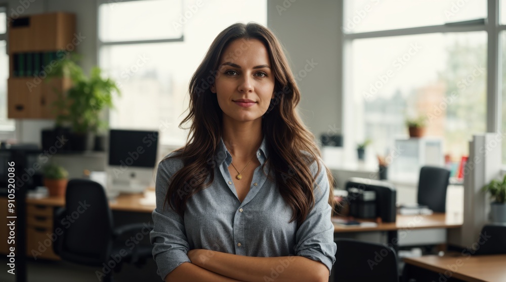 Assertive woman with arms crossed in a bright office setting Assertive woman with arms crossed in a bright office setting