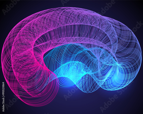 Digital illustration of a brain-like structure formed by a complex network of interwoven, semi-transparent lines. The lines are predominantly pink and blue, blending seamlessly into each other 