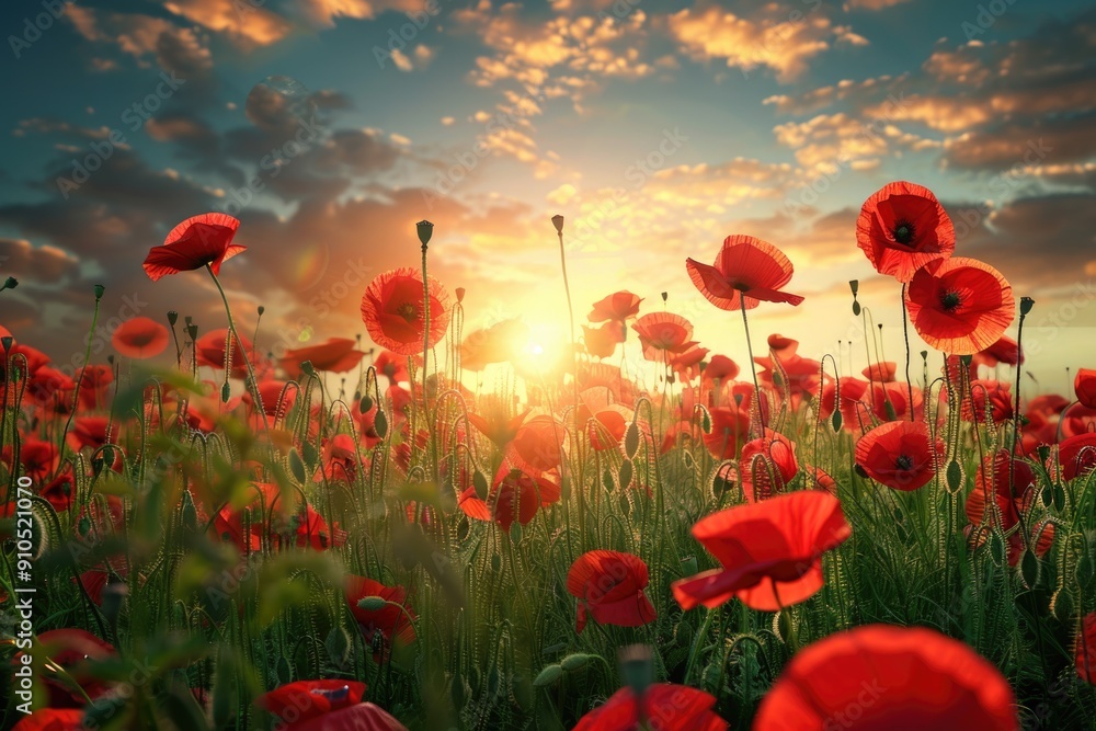 Obraz premium A field of red poppies against a warm sunset backdrop