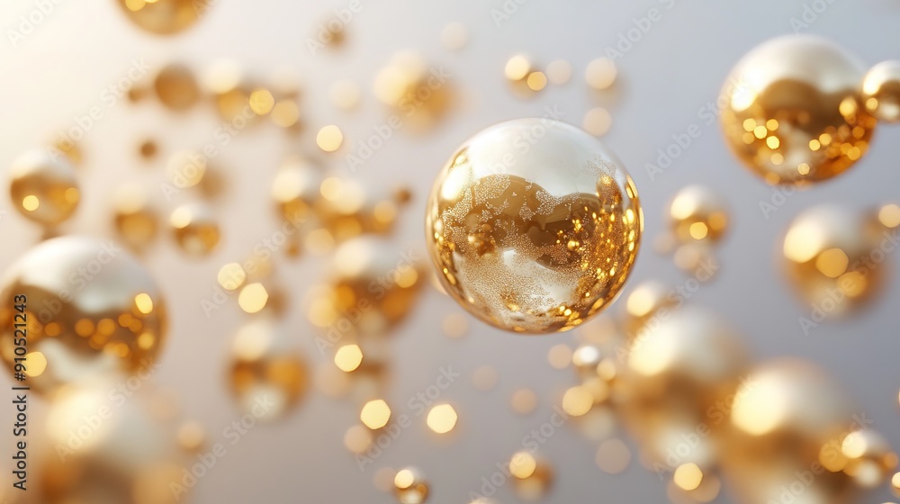 Golden balls float and bounce across a gray background in a digital art scene. Golden balls float and bounce across a gray background in a digital art scene.