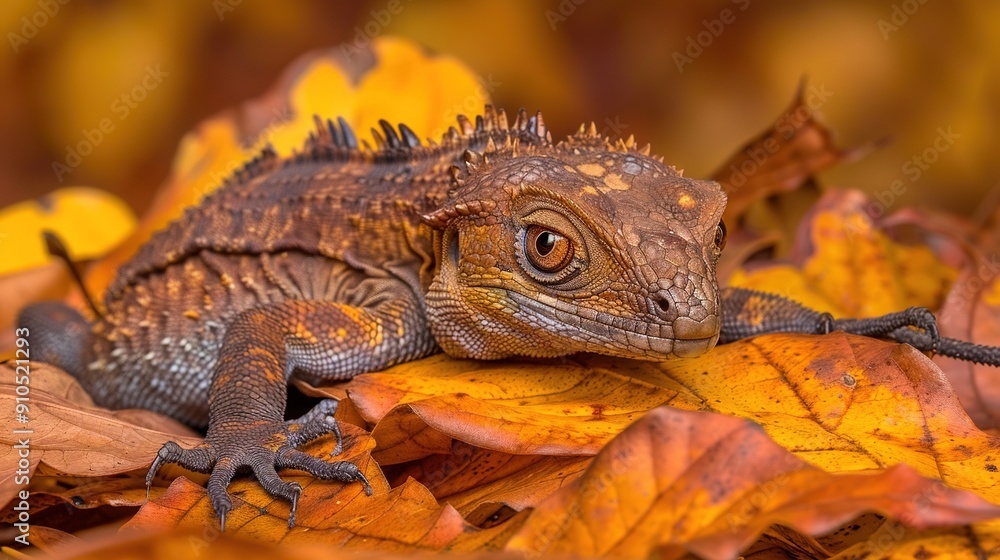 Fototapeta premium Close-up of a lizard on a pile of yellow and brown leaves, with a yellow and brown leaf background