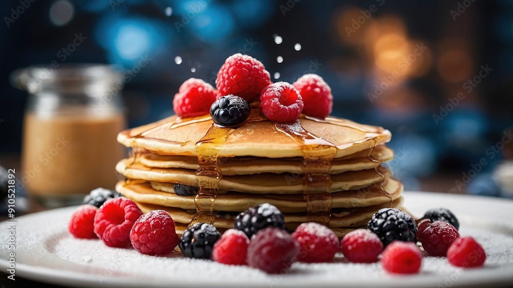 Freshly Prepared Fluffy Pancakes Topped With Berries and Maple Syrup Served for Breakfast Freshly Prepared Fluffy Pancakes Topped With Berries and Maple Syrup Served for Breakfast