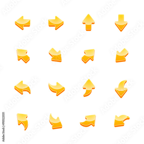 Orange Arrow Vector Set. 3d Set of Glossy Arrows in Different Directions. Up, Right, Down, Left Shiny Arrow Buttons. Set of Bright Icons for Web and Mobile Game Design on Isolated White Background.