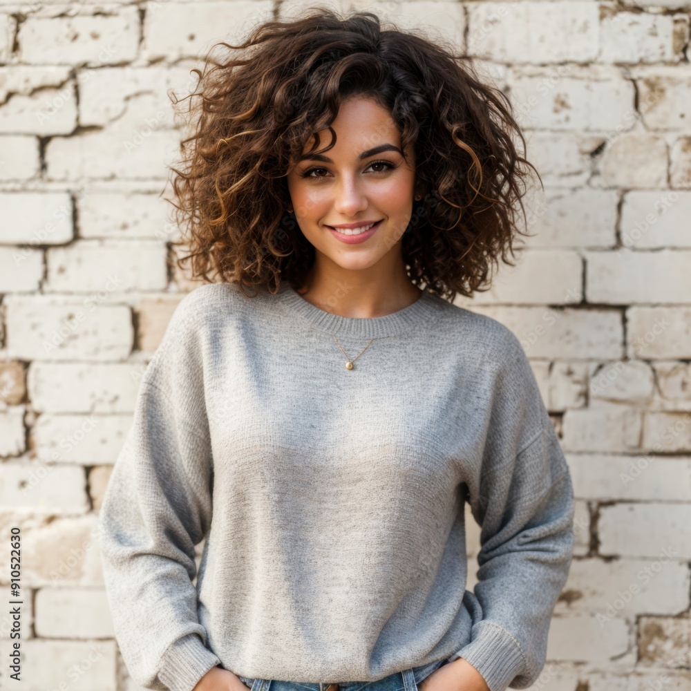 Confident curly-haired woman smiling against a rustic brick backdrop Confident curly-haired woman smiling against a rustic brick backdrop