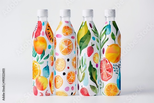 Vibrant beverage bottles with citrus-themed illustrations