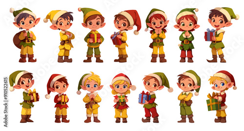 Cartoon christmas elves set. Cute kids character, santa claus helpers with gift boxes, xmas vector illustration