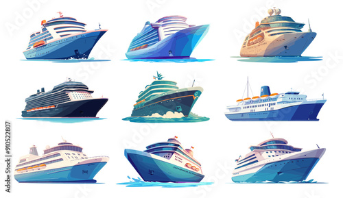 Cartoon cruise ship set. Holiday vacation liner, tourist marine transport for recreation, voyage boat tour vector illustration