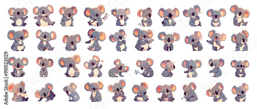 Cartoon cute koalas set. Australian wild animal in different poses, fluffy baby koala mascot eats leaves vector illustration