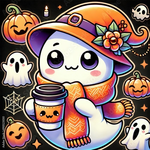 Cute ghost with coffee photo