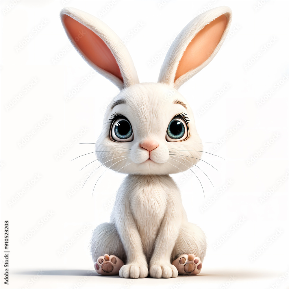 Cute, animated rabbit with large ears and big eyes, sitting on the ground with its paws tucked under its body. Cute, animated rabbit with large ears and big eyes, sitting on the ground with its paws tucked under its body.
