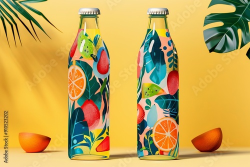 Refreshing glass bottles featuring playful fruit graphics