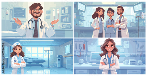 Cartoon doctor in hospital set. Professional medical workers character in intensive therapy clinic interior, nurse vector illustration