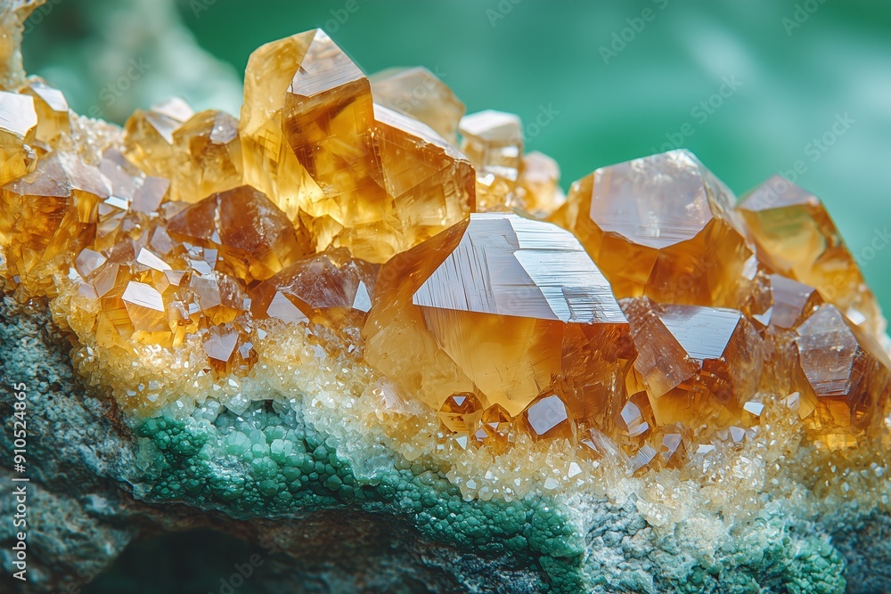 Beautiful Amber-Hued Crystals Sparkling Under Soft Natural Light in a Lush Green Environment Beautiful Amber-Hued Crystals Sparkling Under Soft Natural Light in a Lush Green Environment