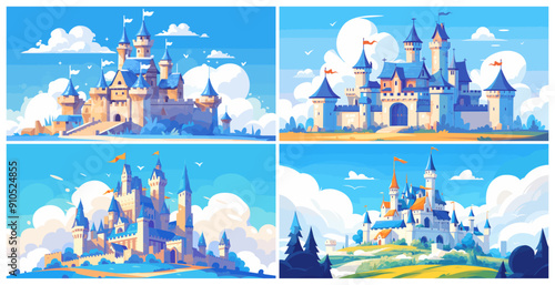 Cartoon fairytale castle landscapes set. Fantasy towers meadow road clouds trees, medieval kingdom royal palace vector illustration