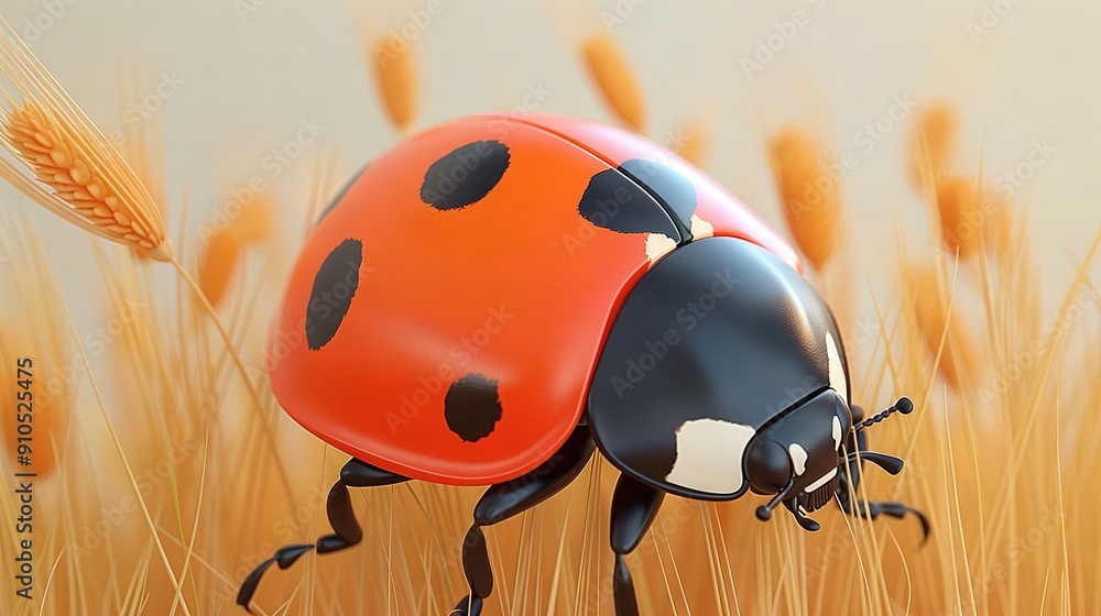 Fototapeta premium A ladybug close-up in a field of grass with wheat background